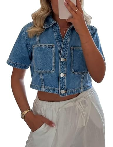 POTILI Denim Tops for Women Short Sleeve Crop Button Down Jean Shirt Jacket | Amazon (US)