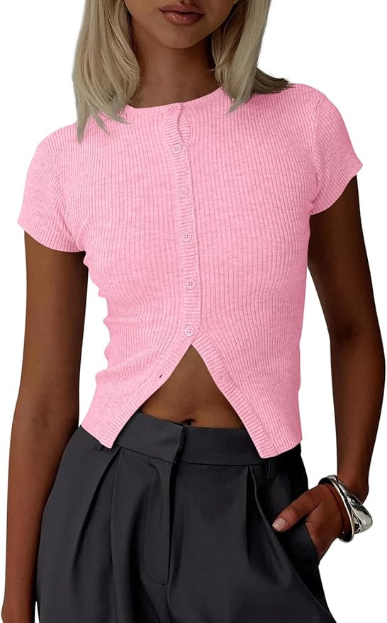 Imily Bela Womens Short Sleeve Sweater Tops Summer Button Down Casual Ribbed Knit Slim Fit Croppe... | Amazon (US)
