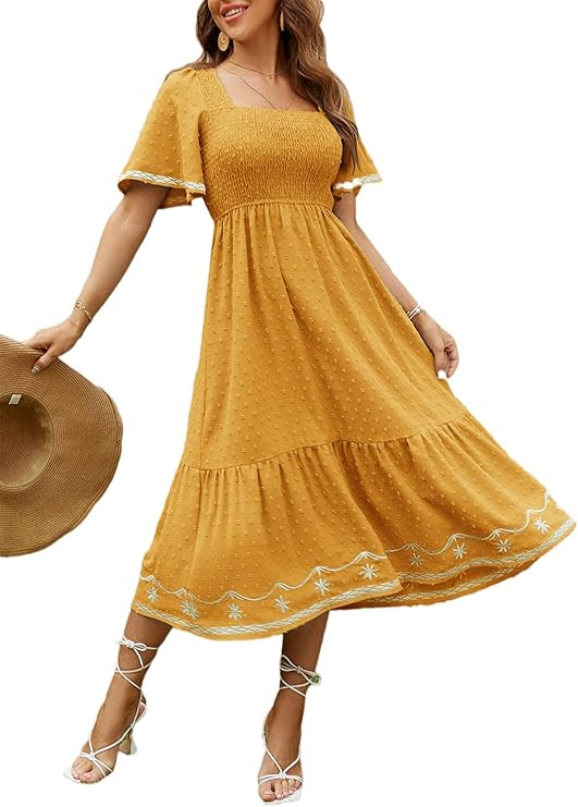 Glamaker Women's Short Sleeve Smocked Square Neck A Line Summer Flowy Maxi Long Dress | Amazon (US)