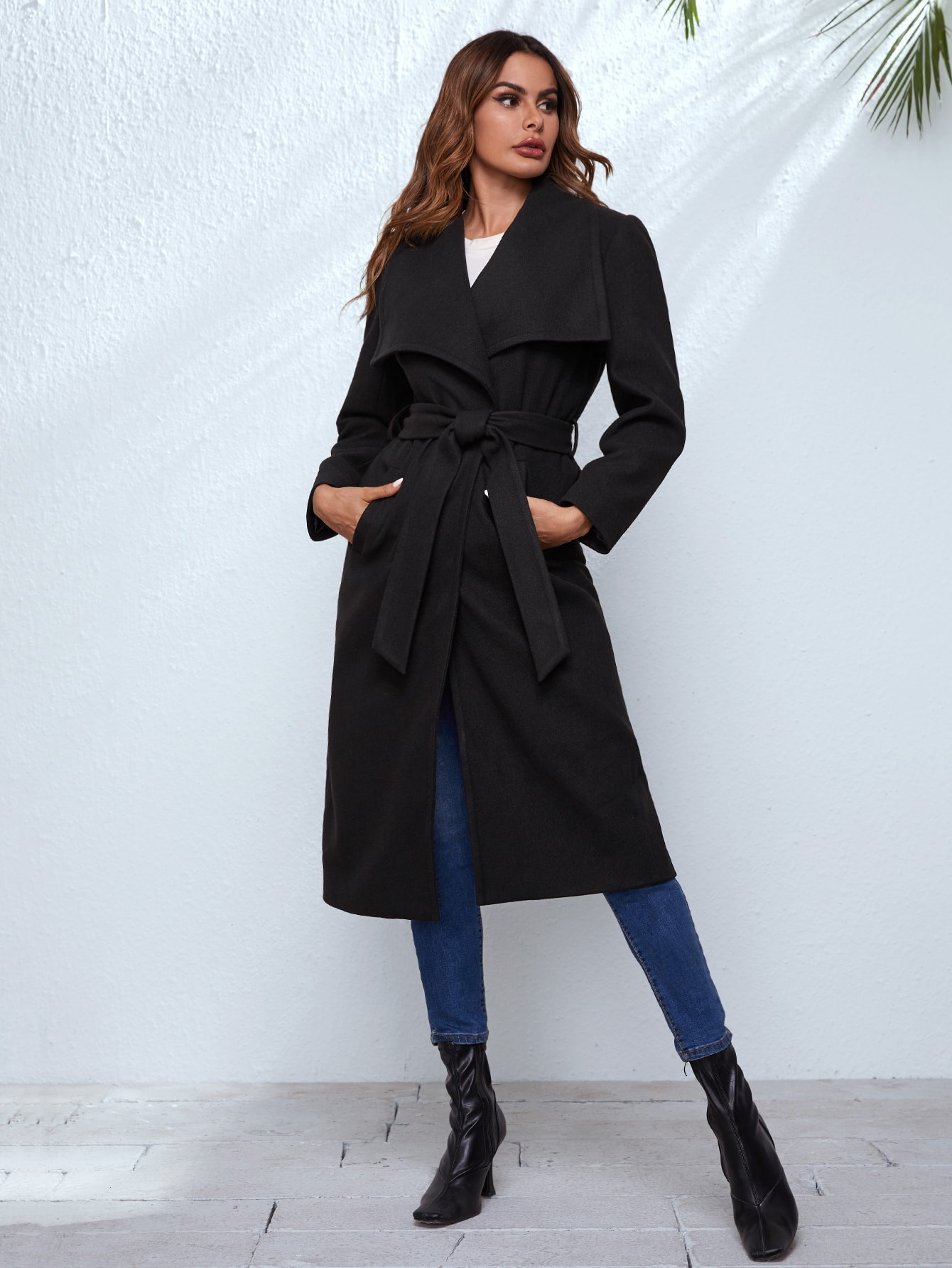 SHEIN Slant Pocket Belted Waterfall Coat | SHEIN