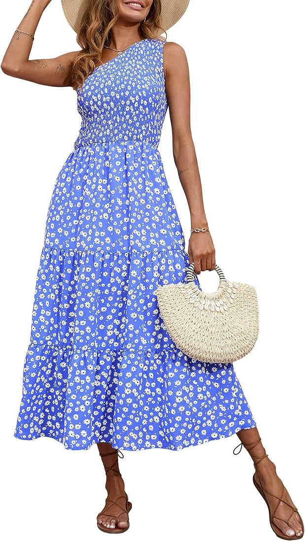 BTFBM Women One Shoulder Sleeveless Casual Summer Dresses 2023 Smocked High Waist Floral Flowy Be... | Amazon (US)