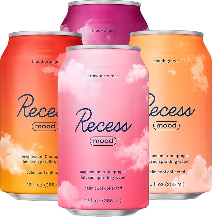 Recess Mood Magnesium & Adaptogen Drink, Relaxation Beverage, 12 Ounce (Strawberry Rose, 12 Pack) | Amazon (US)