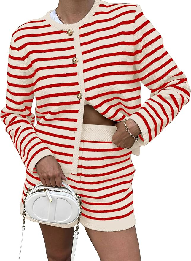 Womens Striped 2 Piece Set Sweater Outfits Long Sleeve Crew Neck Button Cardigan Casual Knit High... | Amazon (US)