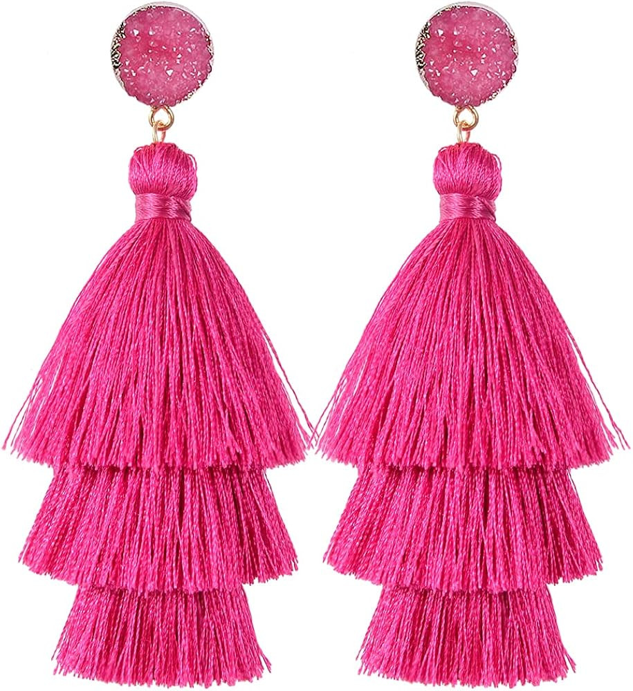 Layered Tassel Bohemian Dangle Earrings, Acrylic Rose Petal Drop Earrings Holiday Festive Costume... | Amazon (US)