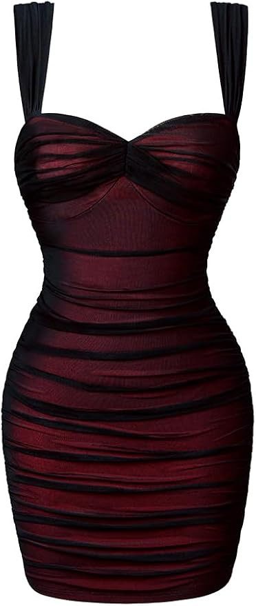 LAGSHIAN Women's Summer Sexy Bodycon Sleeveless Tank Straps Mesh Ruched Mini Party Dress | Amazon (US)