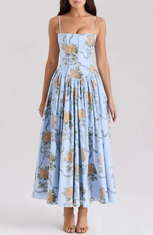 HOUSE OF CB Ysabella Floral Maxi Sundress in Yellow Rose Blue at Nordstrom, Size Large A | Nordstrom