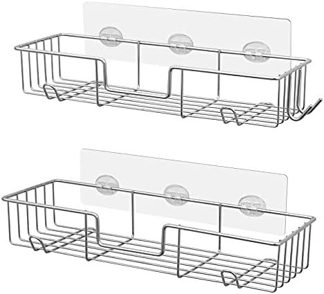 AmazerBath Adhesive Shower Caddy Basket Rack with Hooks, Shower Shelf Wall Mounted, No Drilling Show | Amazon (US)