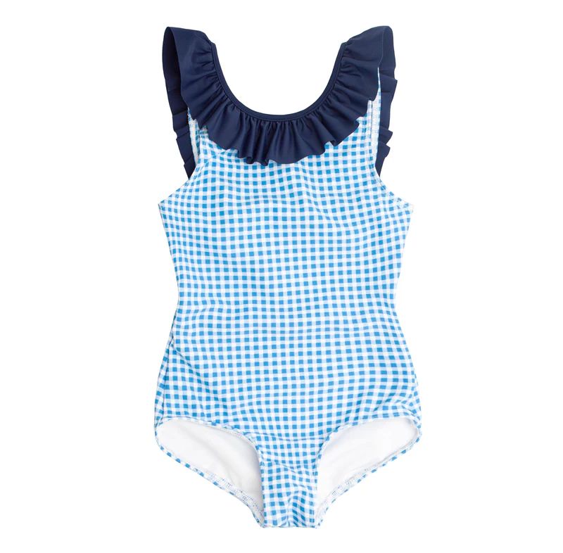 girls blue gingham ruffle collar one piece | minnow