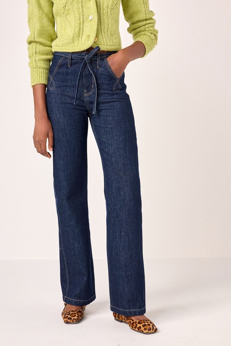 Buy Mid Blue 100% Cotton Belted Pocket Stitch Flared Jeans from the Next UK online shop | Lipsy