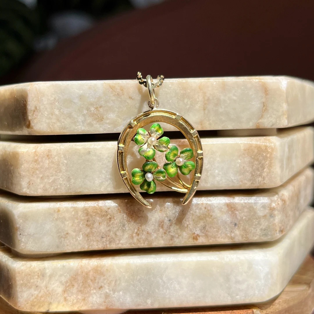 Art Nouveau 10K Solid Yellow Gold Horseshoe Clover Enamel Pendant / Antique Lucky Talisman Shamro... | Etsy (US)