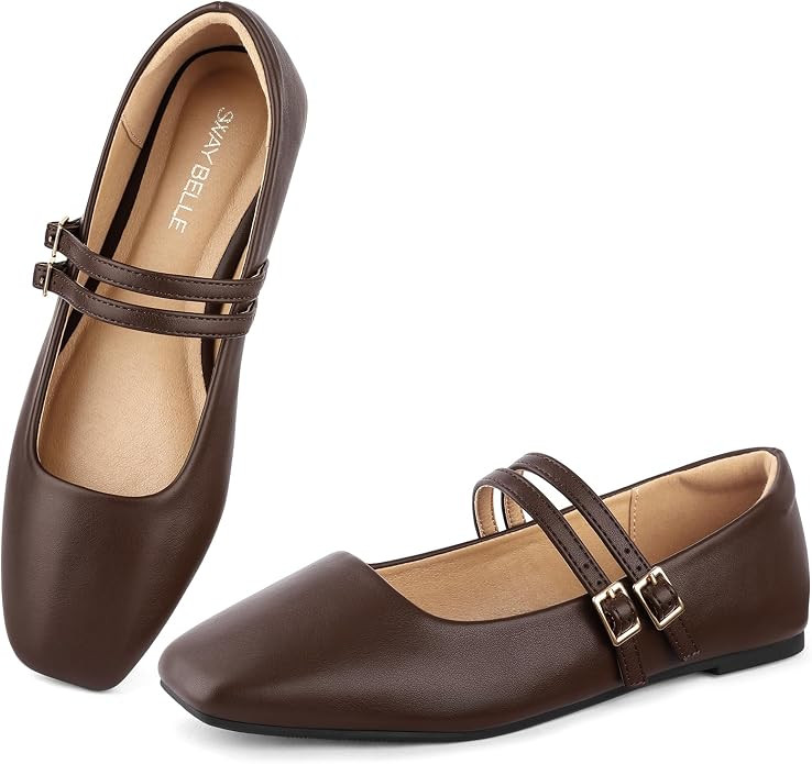 Womens Mary Jane Flats Double Straps Ballet Flats Slip On Casual Shoe | Amazon (US)