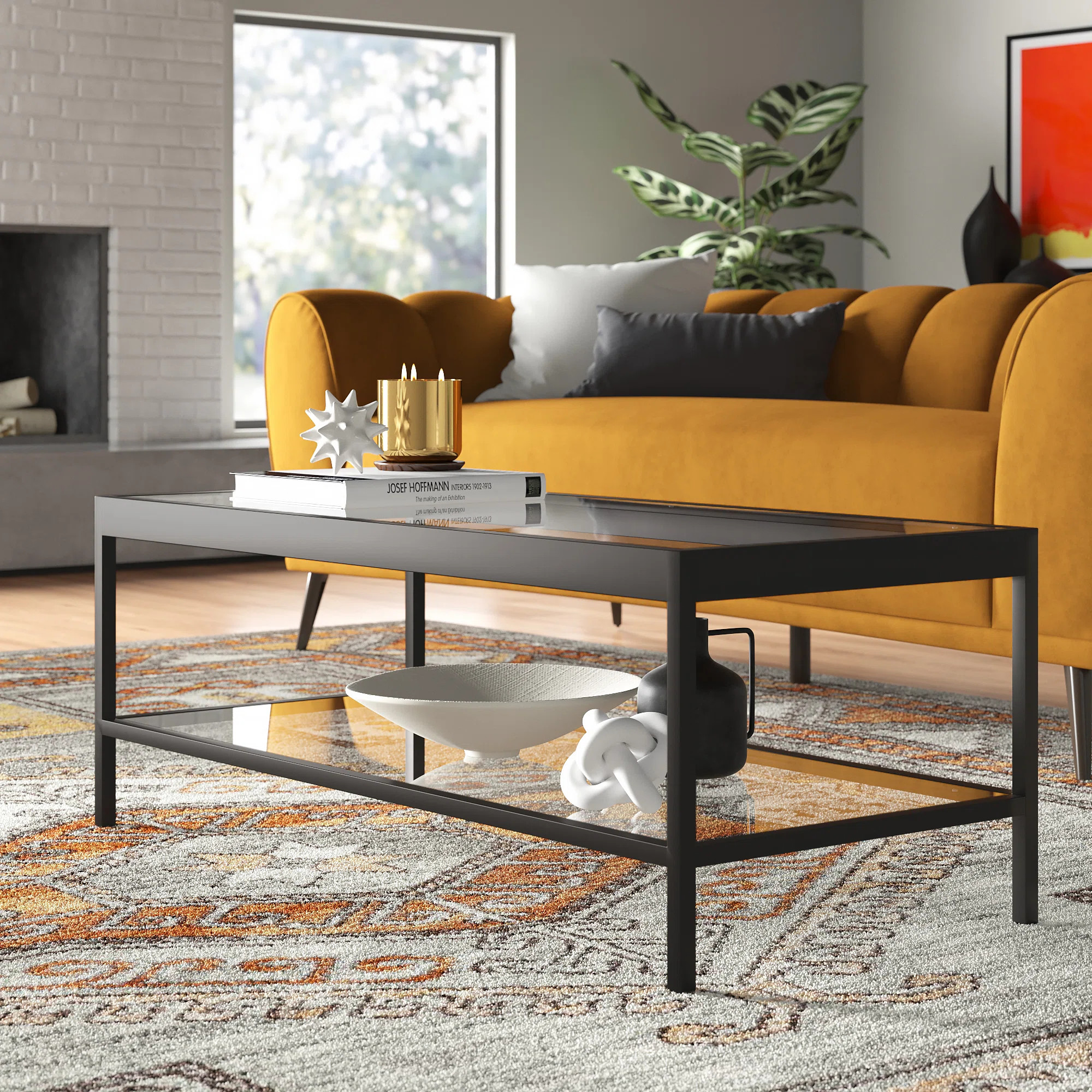 54" Wide Glass Top Coffee Table with Open Lower Shelf — Blackened Bronze Modern Metal Center Ta... | Wayfair North America