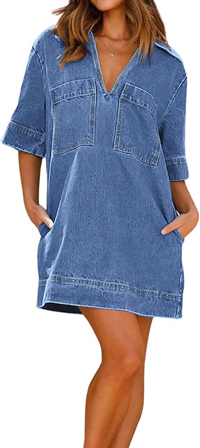loveimgs Womens Summer Casual Denim Dress Short Sleeve V Neck Distressed Jean Dresses Mini Shirt ... | Amazon (US)