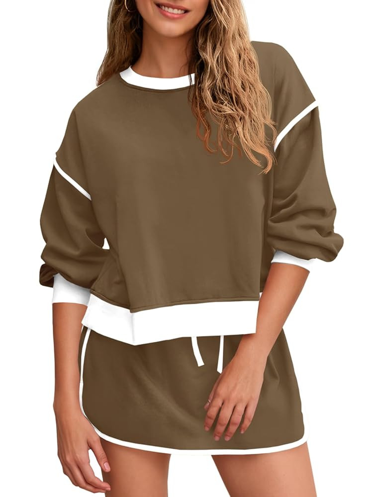 Fisoew Womens Sweatsuits 2 Piece Set Crewneck Sweatshirts High Waisted Skort Skirts Tennis Runnin... | Amazon (US)