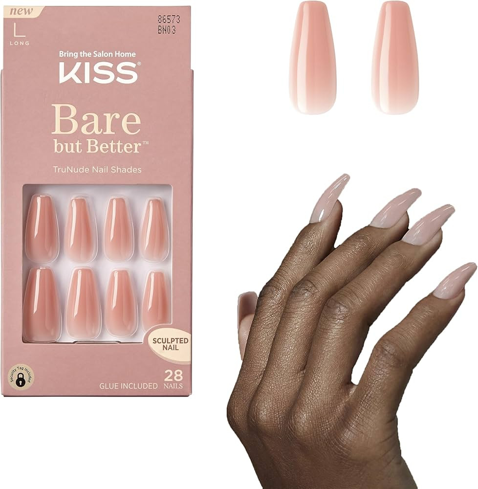 KISS Bare but Better Press On Nails, Nail glue included, 'Nude Glow', Orange, Long Size, Coffin S... | Amazon (US)