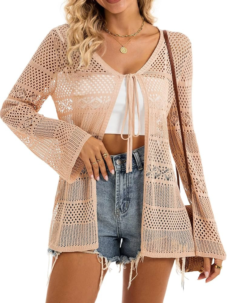 Women's Crochet Coverups V Neck Bell Long Sleeve Tie Front Drawstring Ruched Shirt Summer Beach C... | Amazon (CA)