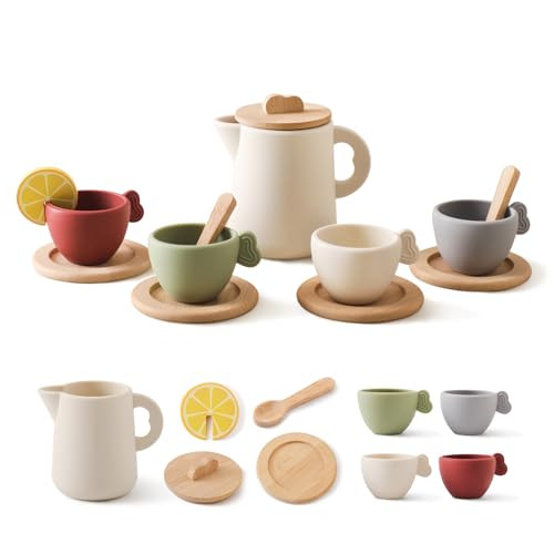 Wooden Tea Set for Little Girls, Enchanting Tea Party Set Silicone Tea Set Teapot Cups Carrying Scoop Kids Kitchen Accessories Toys Toddler Tea Set Girls Gift | Amazon (US)