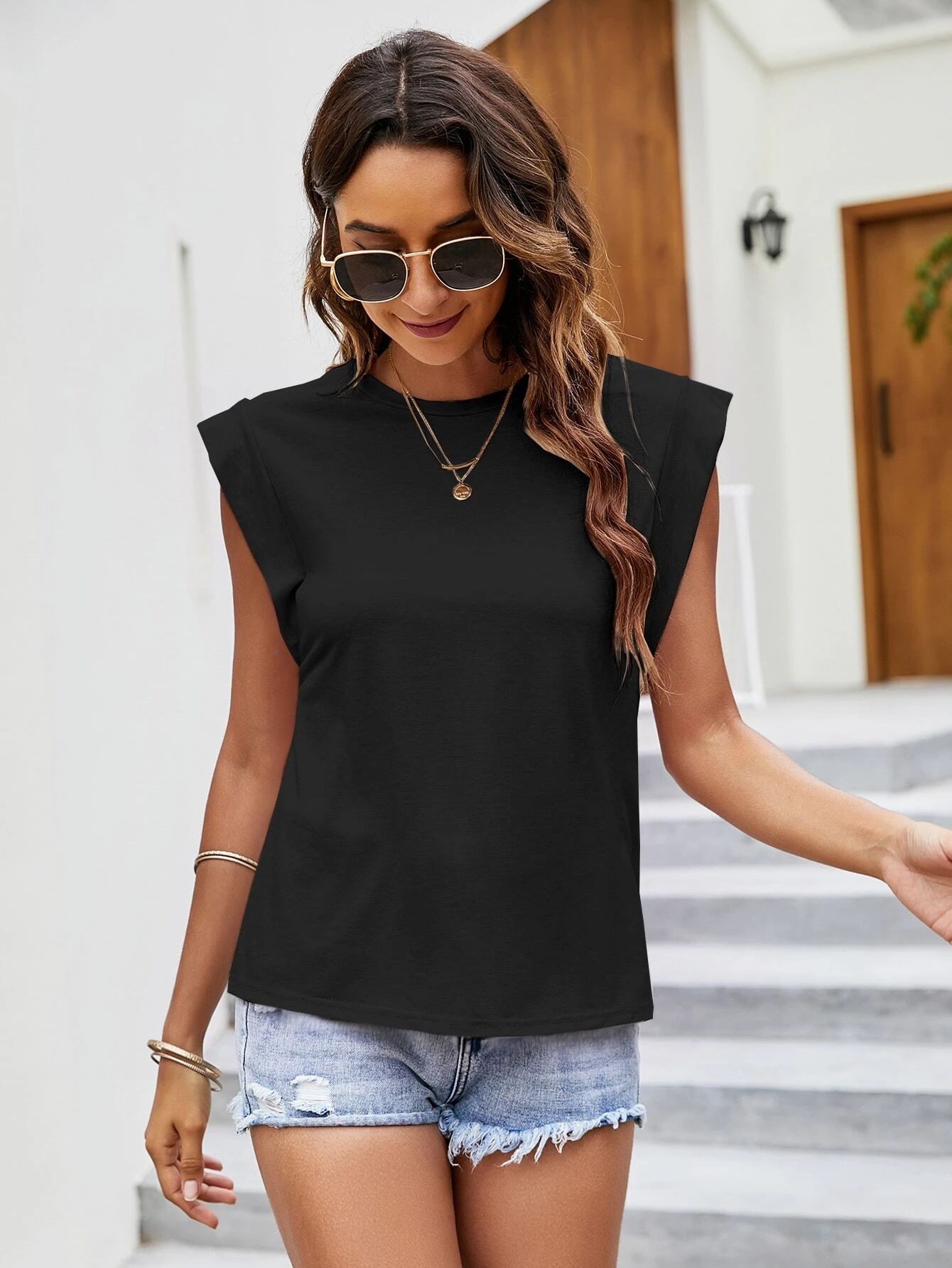 Shoulder Pad Solid Tee | SHEIN