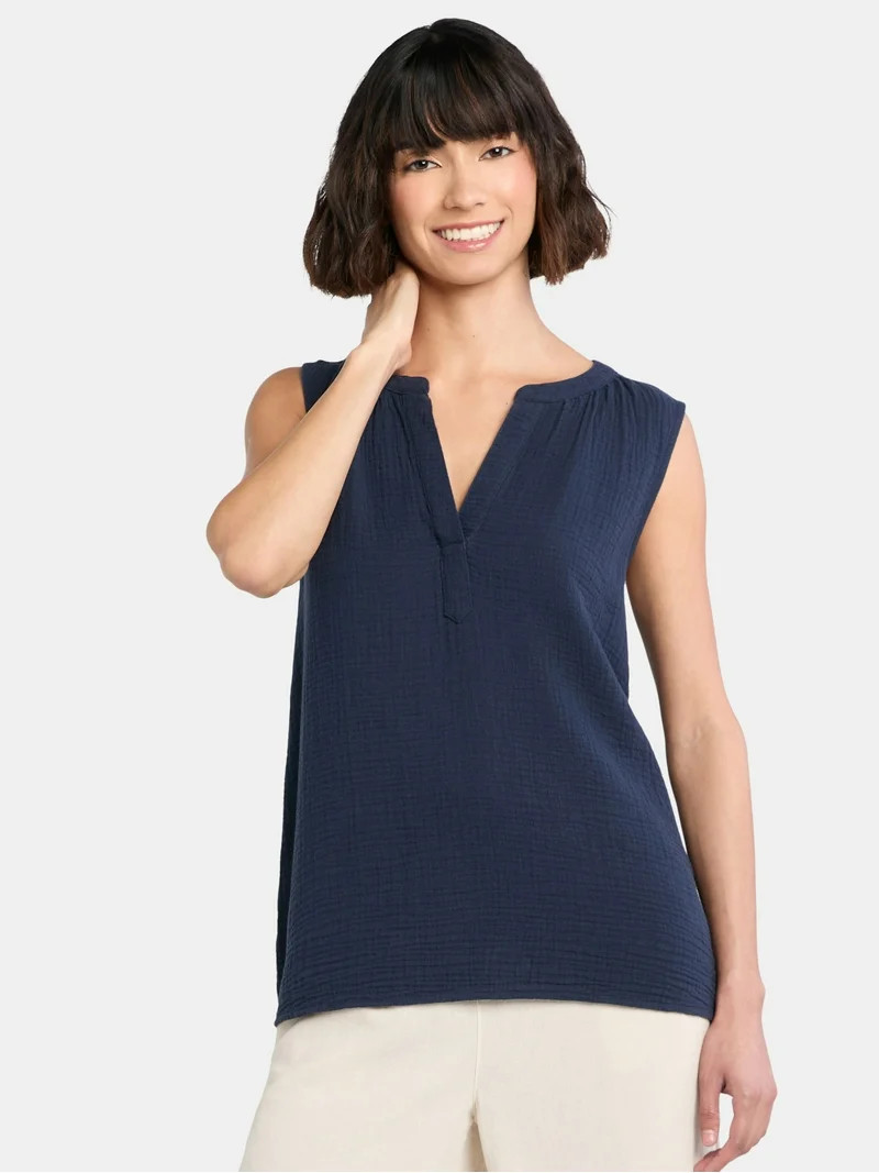 Time and Tru Women's Double Cloth Cotton Tank Top, Sizes XS-XXXL | Walmart (US)