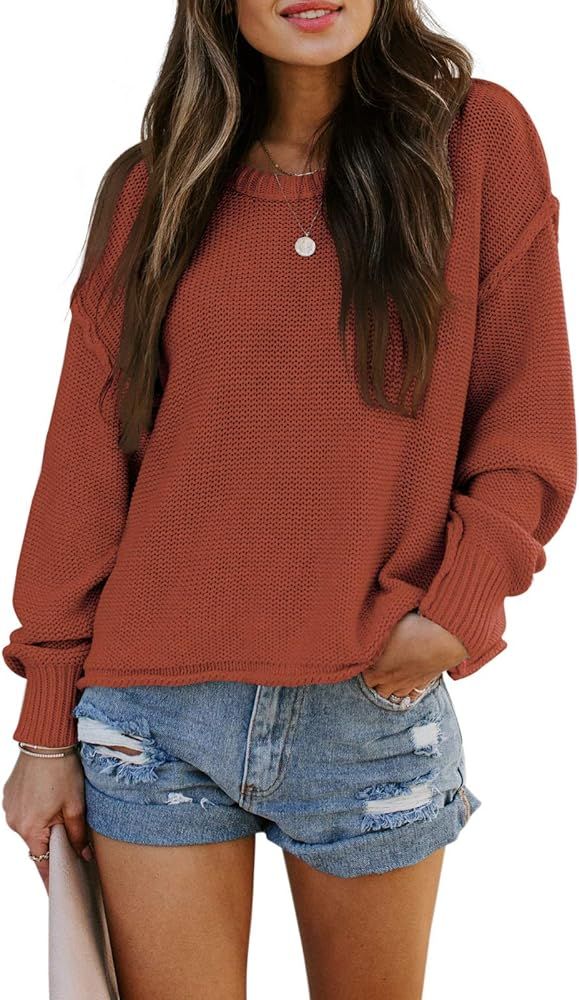 TARSE Womens Drop Shoulder Crewneck Sweater Long Loose Lantern Sleeve Pullover Tops | Amazon (US)