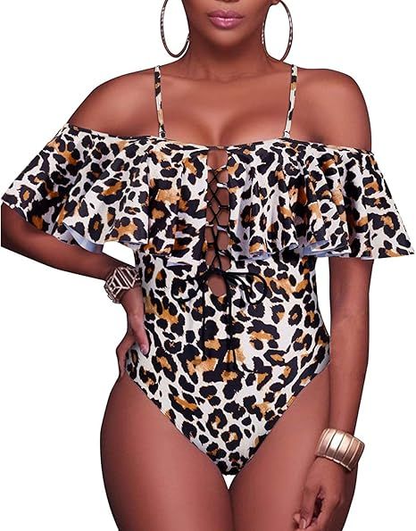 Tempt Me Women Sexy One Piece Swimsuit Ruffled Off Shoulder Lace Up Bathing Suit | Amazon (US)