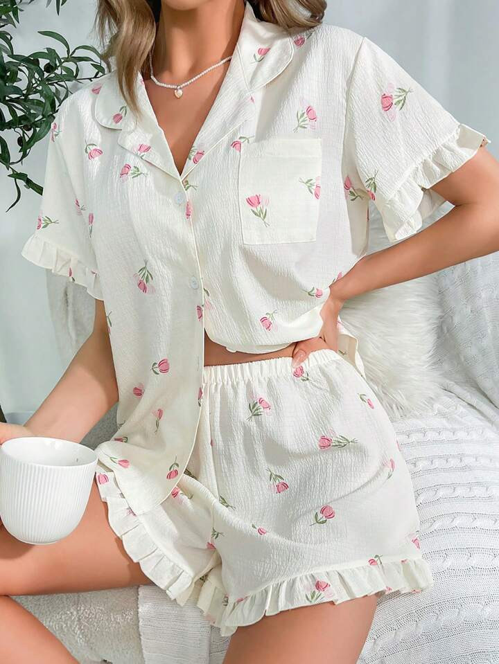 Floral Print Ruffle Trim PJ Set | SHEIN