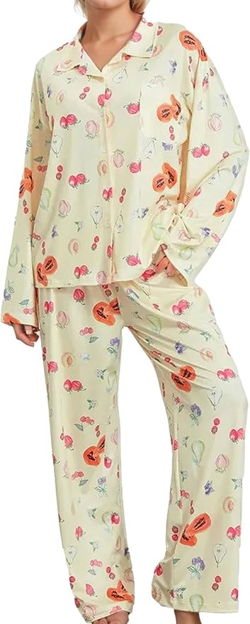 Womens 2 Piece Floral Fruit Button Down Pajama Sets Cute Long Sleeve Wide Leg Soft Pjs Loungewear | Amazon (US)