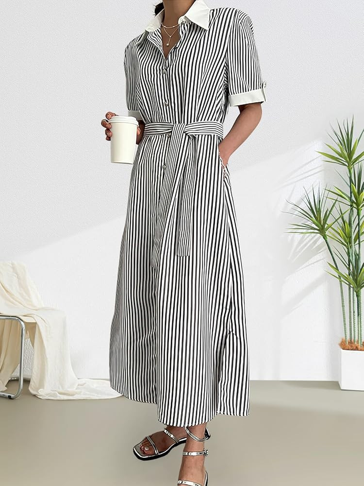 ebossy Women's Loose Striped Shirt Dress Contrast Color Side Slit Belted Maxi Long Dress with Poc... | Amazon (US)