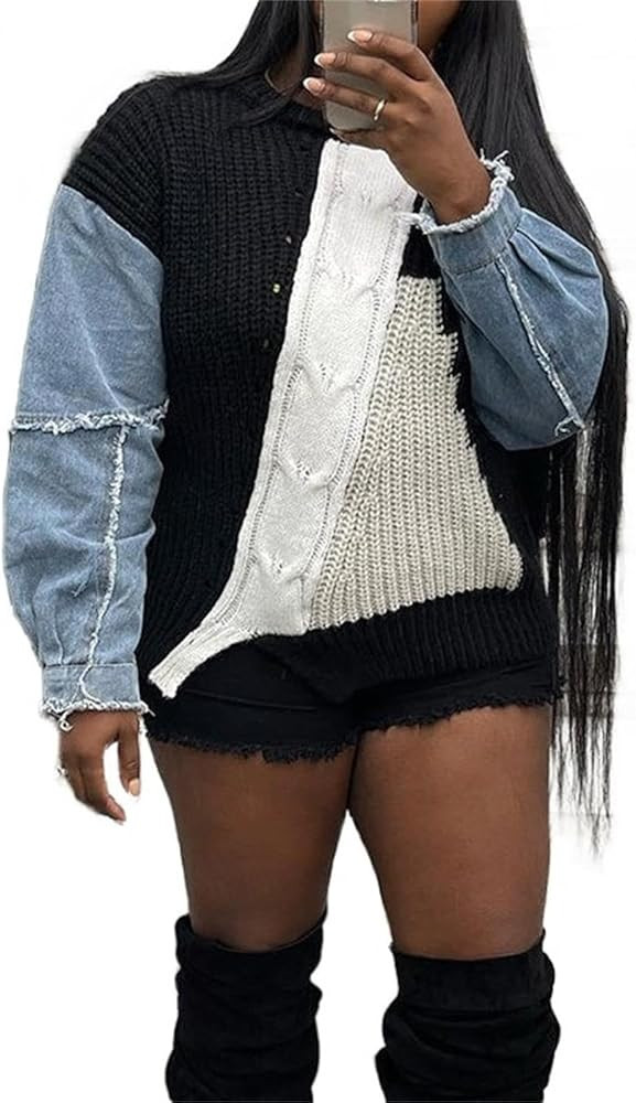Women's Cable Knit Pullover Sweaters Crew Neck Colorblock Long Sleeve Loose Oversized Sweater Top... | Amazon (US)