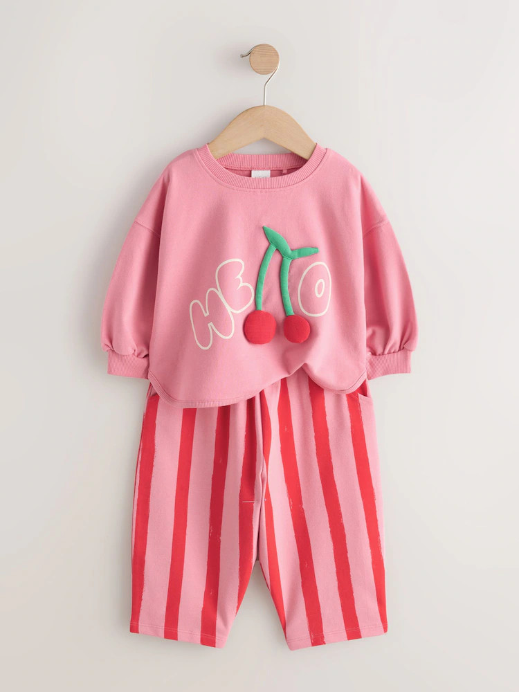 Pink Padded Cherry Long Sleeve Top and Barrel Trousers Set (3mths-7yrs) | Next US