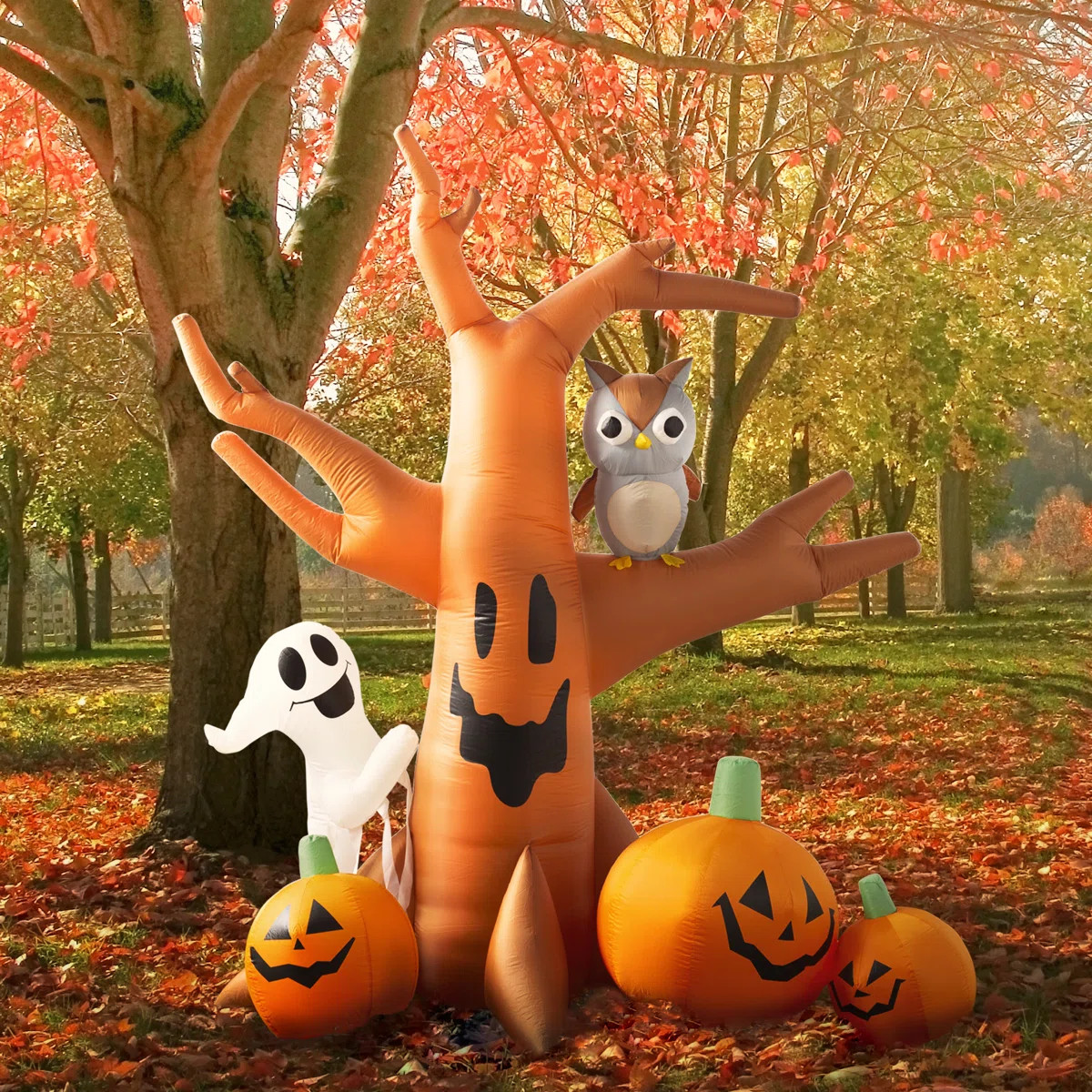 8 Foot Tall Lighted Happy Halloween Inflatable Haunted Tree with Owl, Ghost and Pumpkins  Indoor ... | Wayfair North America