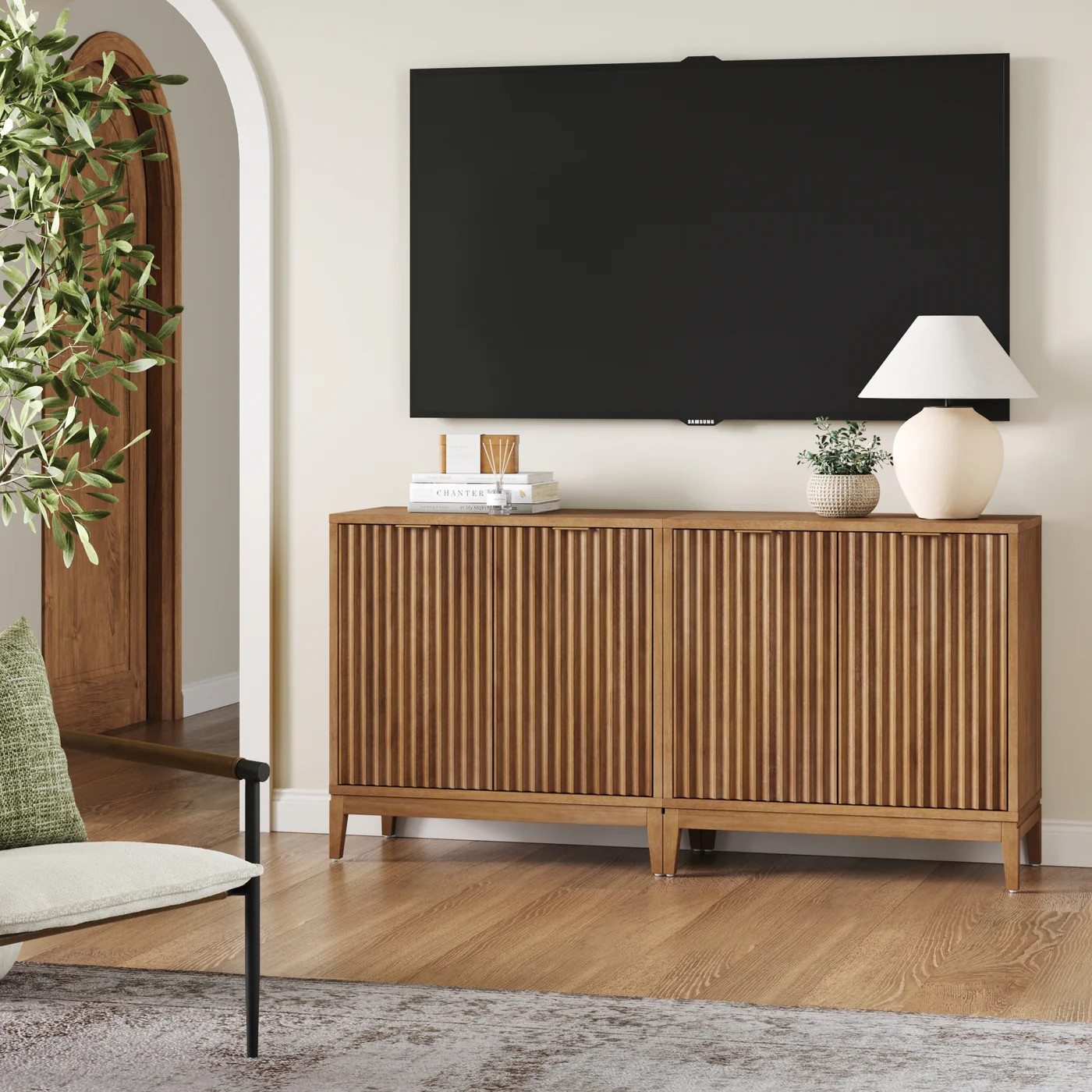Mid-Century Fluted TV Console Credenza Light Brown (Set of 2) | Nathan James