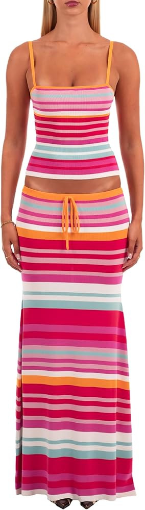 Striped 2 Piece Skirt Sets for Women Spaghetti Strap Cami Tops Drawstring Maxi Skirts Y2k Sets Be... | Amazon (US)