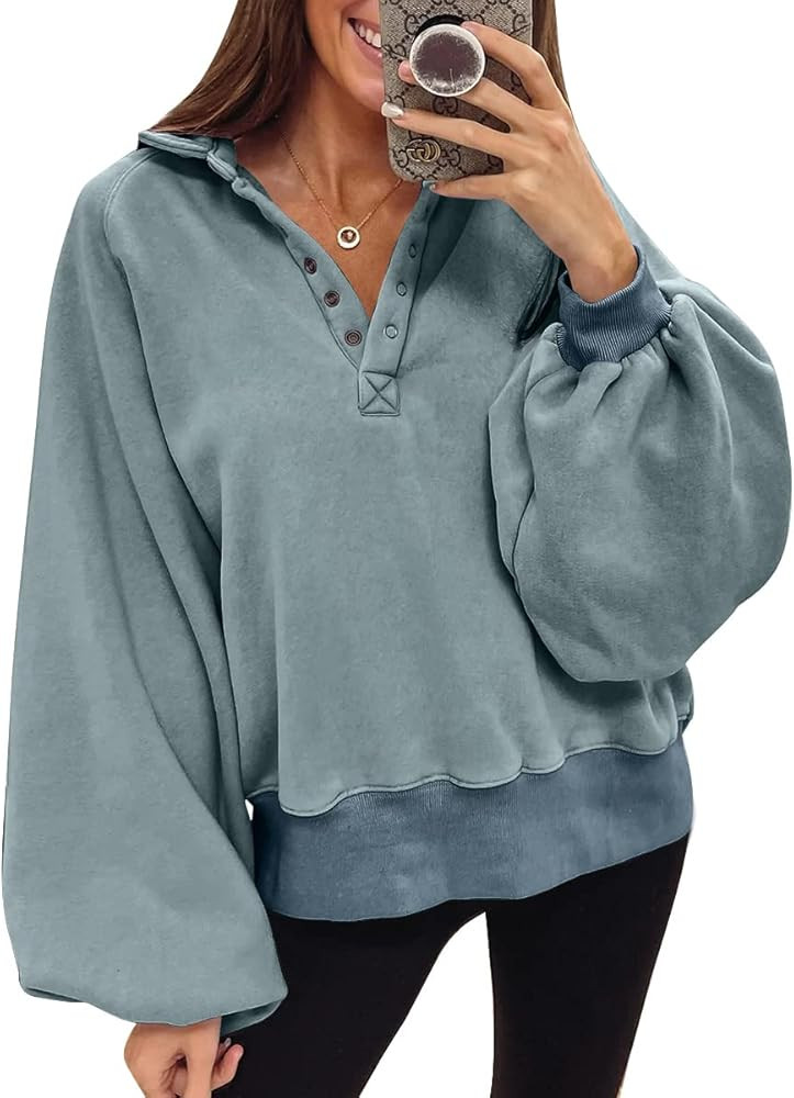 Womens Sweatshirt Fall Clothes 2022 Lantern Sleeve Drop Shoulder Pullover Hoodies Button Fashion ... | Amazon (US)