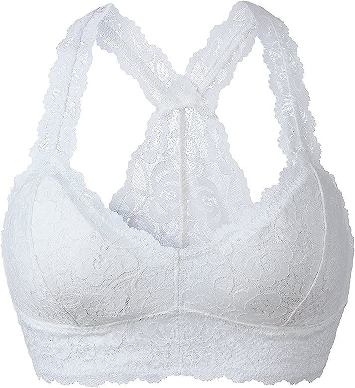 Women Floral Lace Bralette Padded Breathable Sexy Racerback Lace Bra | Amazon (US)