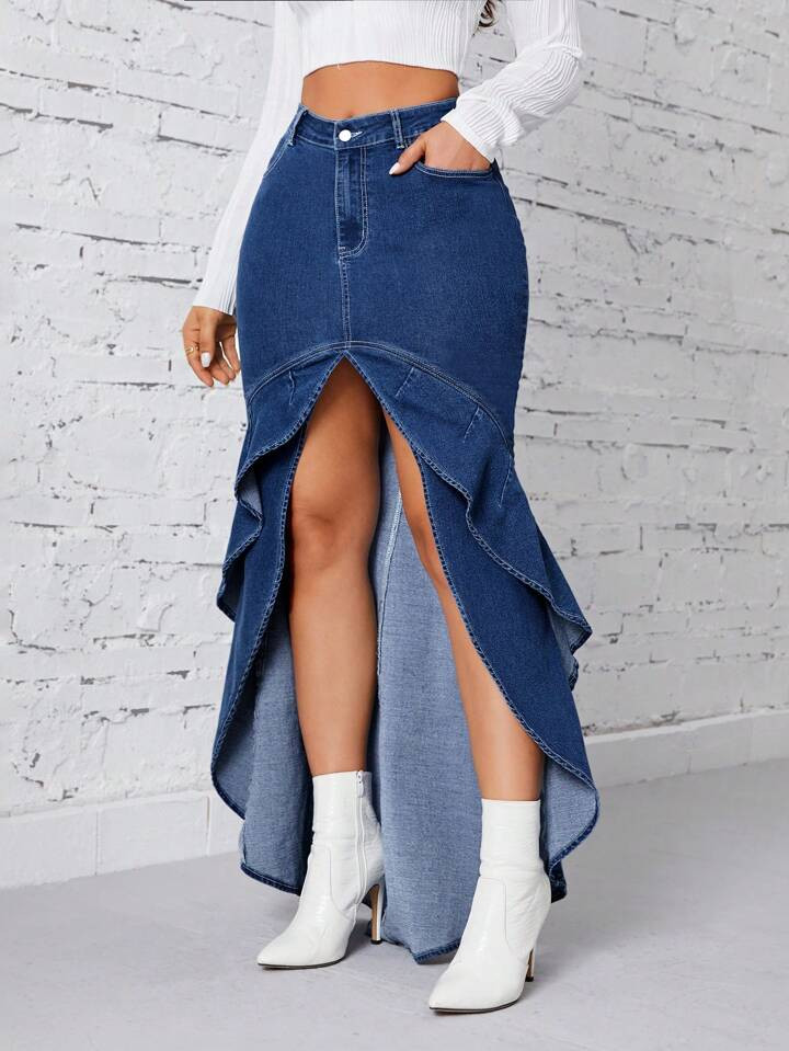 SHEIN Privé Ruffle Trim Denim Skirt | SHEIN