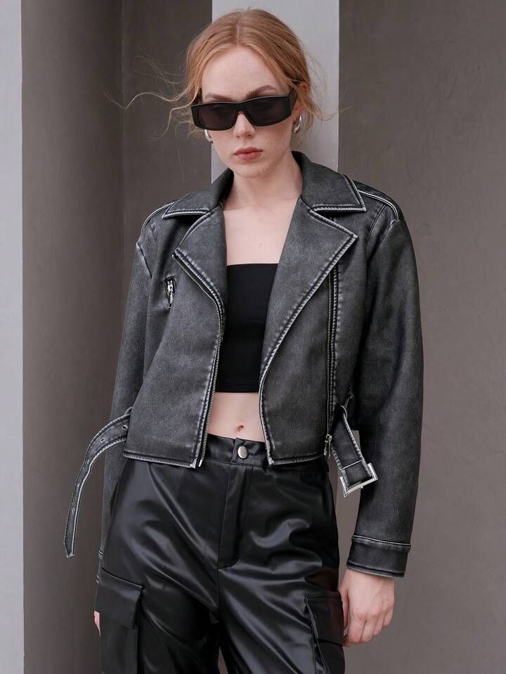 Anewsta Zip Up PU Leather Moto Jacket | SHEIN