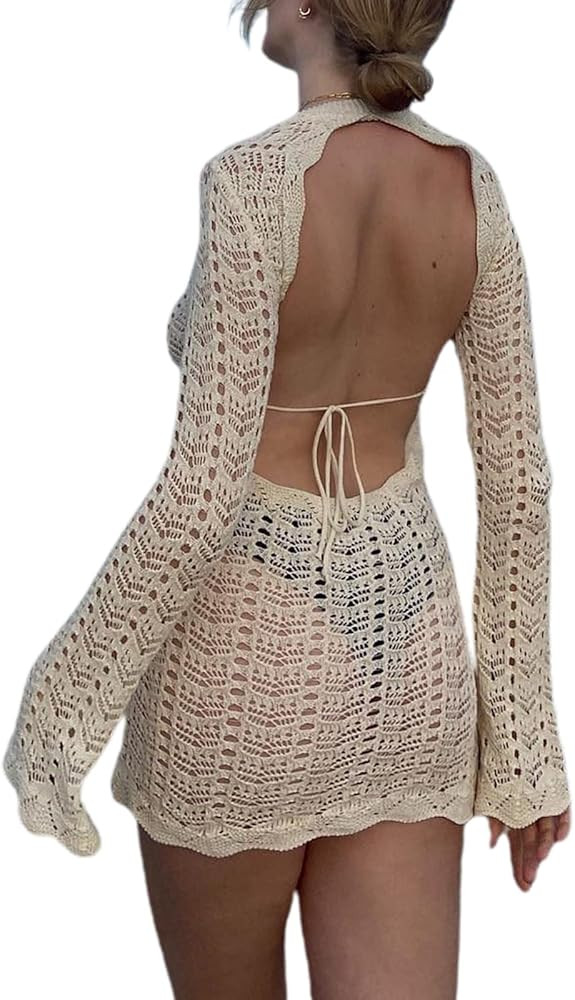 Women Crochet Knit Dress Hollow Out Swimsuit Cover Ups Low Cut Halter Beach Dresses Sundress | Amazon (US)