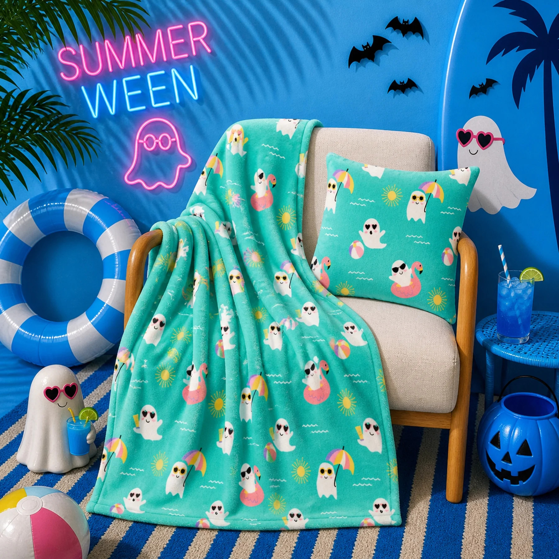 Summer Ween Oversize Super Soft Plush Throw Blankets, Patio Pool Halloween Throws SUMMER CHILLS | Walmart (US)