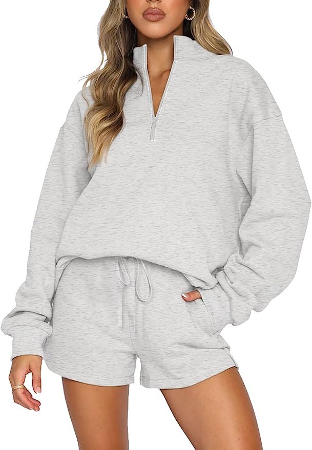 Femalove Women's Lounge Sets 2 Piece Outfits Long Sleeve Half Zip Pullover Sweatshirt and Shorts ... | Amazon (US)