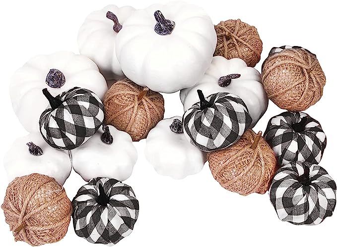 18 Pcs Pumpkin Decor, Foam Artificial Pumpkins Burlap Grid White Pumpkins for Halloween Autumn We... | Amazon (US)