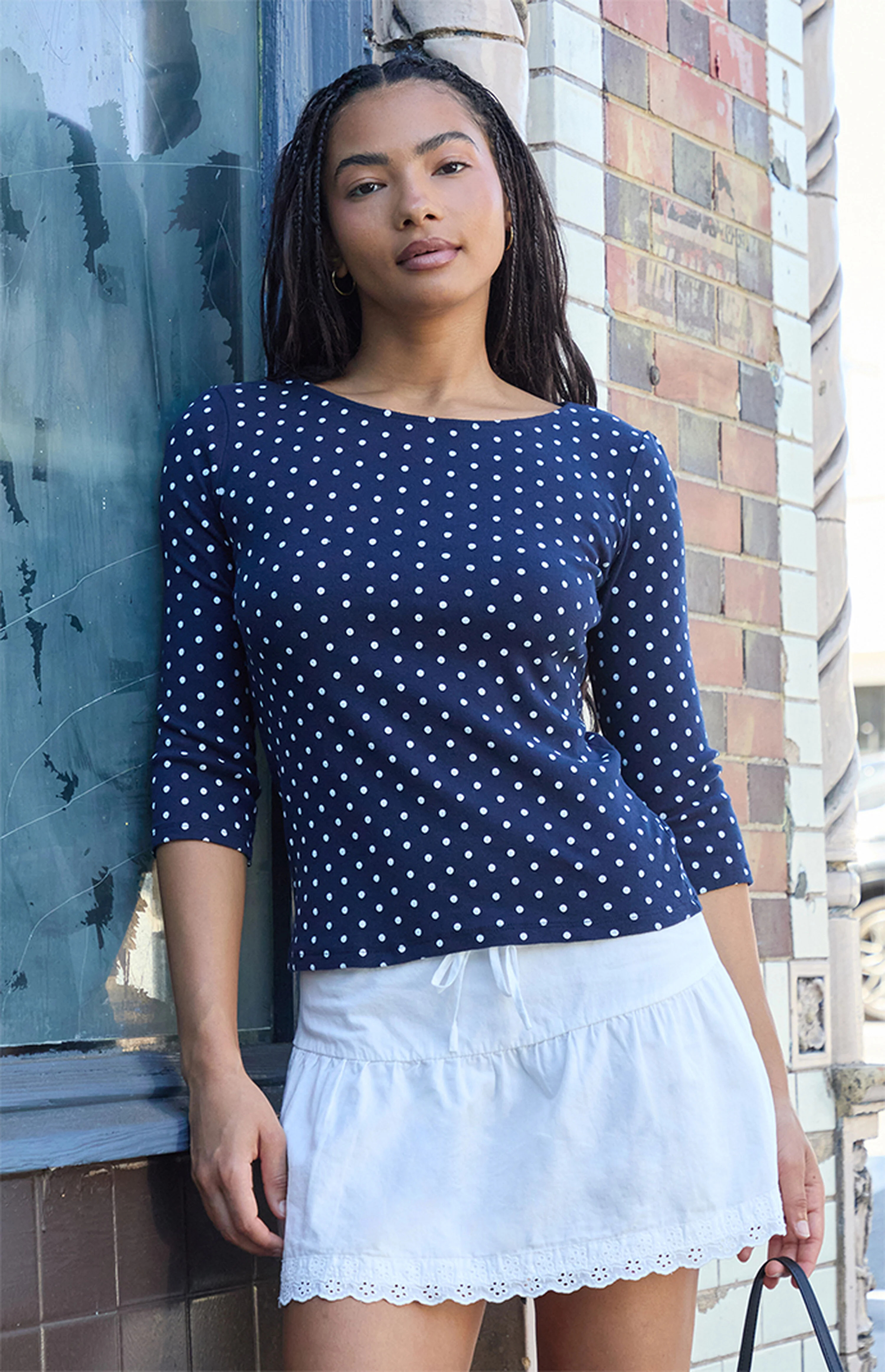 John Galt Navy Jennie Polka Dot Long Sleeve Top | PacSun