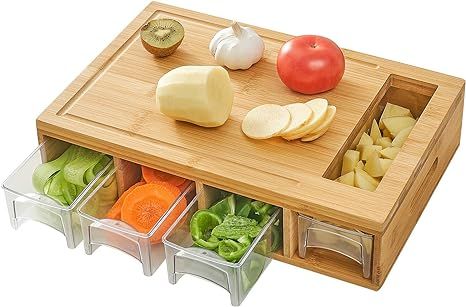 NOVAYEAH Bamboo Cutting Board with 4 Containers, Large Chopping Board with Juice Grooves, Easy-gr... | Amazon (US)