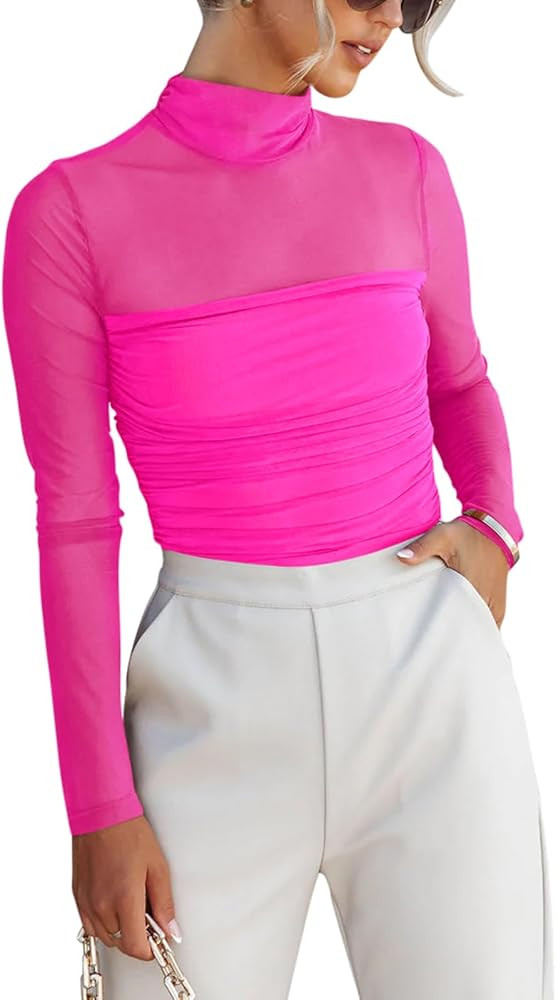 REORIA Women’s Trendy Sexy Mock Turtle Neck Long Sleeve Sheer Mesh Ruched Going Out Bodysuits T... | Amazon (US)