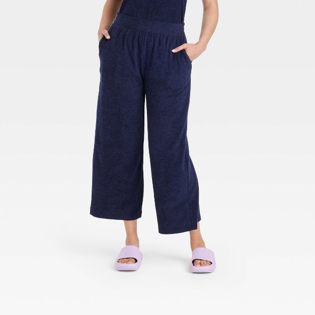 Women's High-Rise French Terry Wide Leg Ankle Pull-On Pants - A New Day™ Navy Blue | Target
