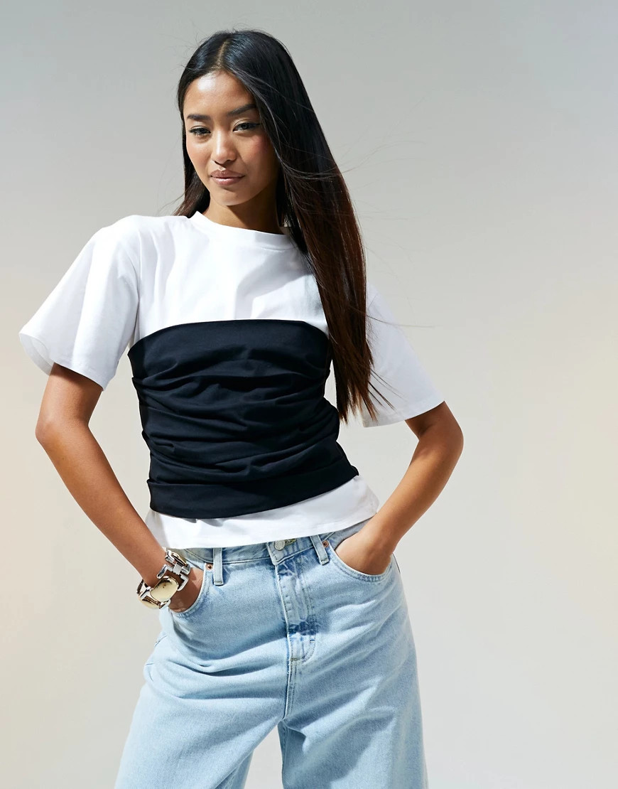 ASOS DESIGN fitted T-shirt with waistband detail in black and white-Multi | ASOS (Global)