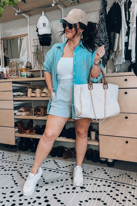 Midsize casual summer outfit 
Chambray top xl
Cropped white tank large 
Sweat shorts xl
Undies xl code: TARYNTRULYXSPANX 
Strapless Bra tts 38dd
Sneakers tts 
Tote bag and sunnies amazon 

#LTKcurves #LTKstyletip #LTKSeasonal