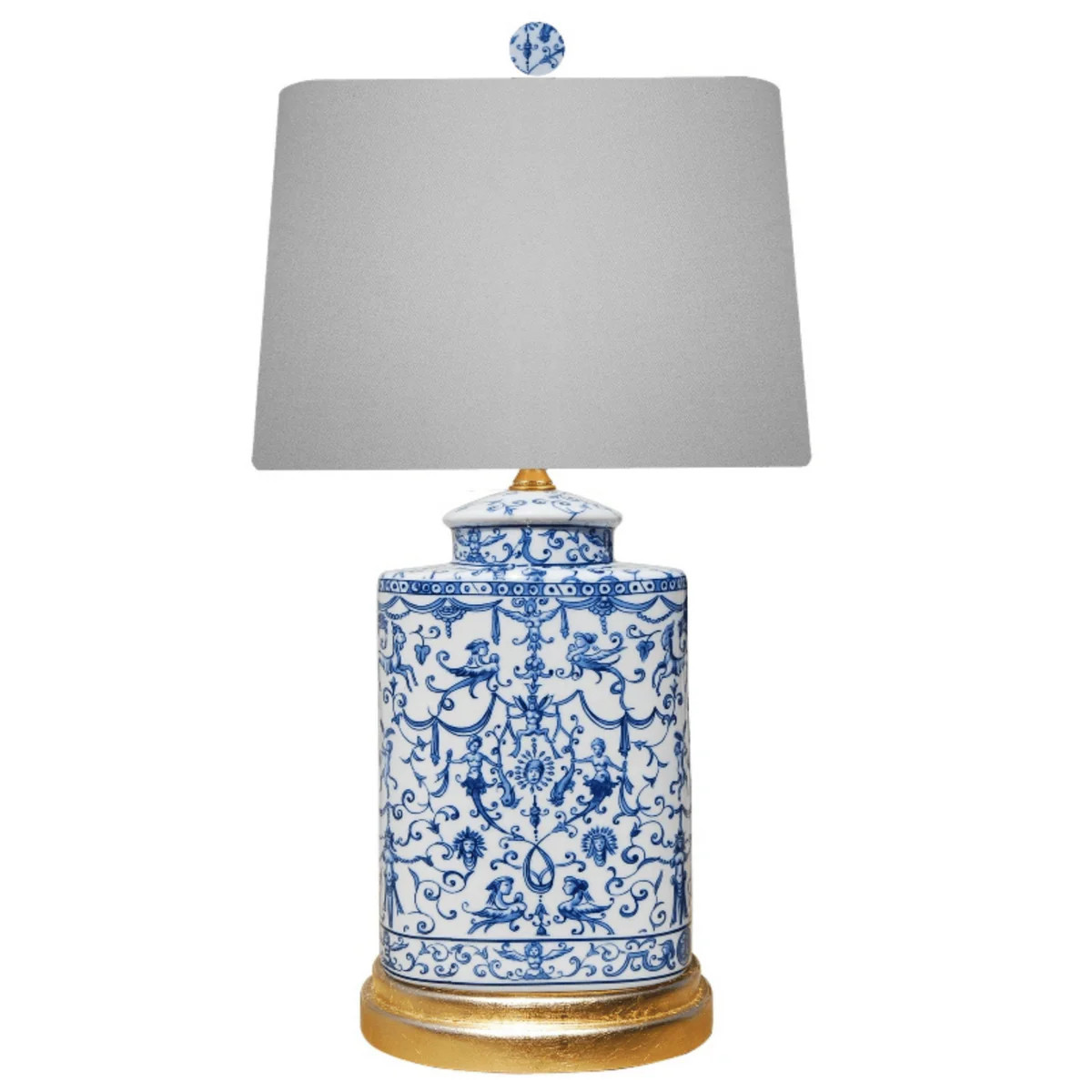 Blue & White Porcelain Euro Oval Urn Lamp With Gold Leaf Base | The Well Appointed House, LLC