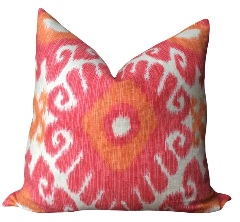 Designer pillow cover, pink, orange, and ivory ikat pillow, cushion, throw pillow | Etsy (Global)