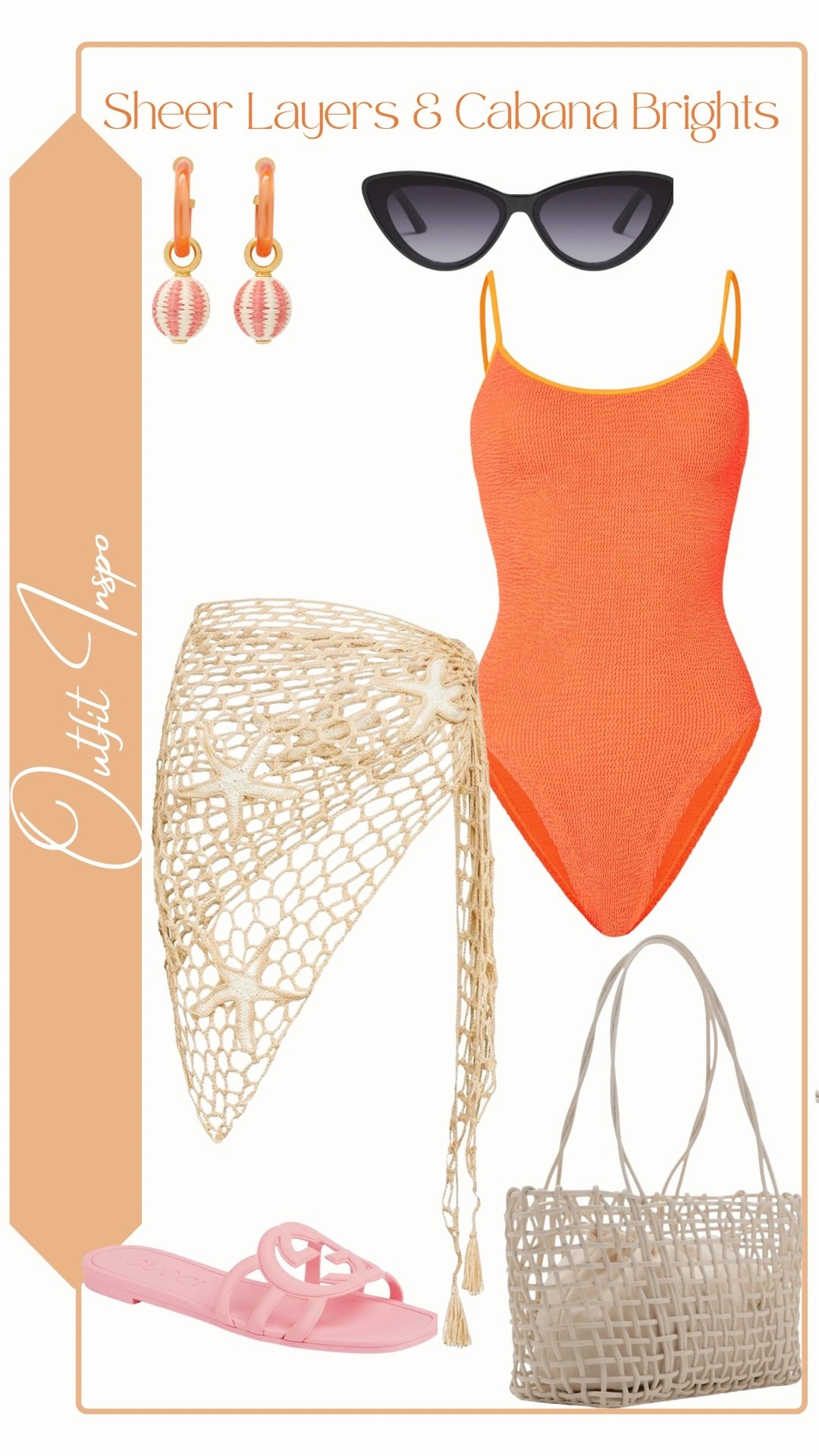 Outfit Inspo
Sheet Layers & Cabana Brights

Pink Slide Sandal: Gucci
Off White Braided Shoulder Bag: MANGO
Crochet Swim Coverup: Amazon
Orange One Piece: Hunza G (Pamela Swim)
Black Cat Eye Sunglasses: QUAY (Tempted Sunglasses)
Pink Raffia Charm Hoop Earrings: Kate Spade Outlet

#LTKShoeCrush #LTKSeasonal #LTKSwim